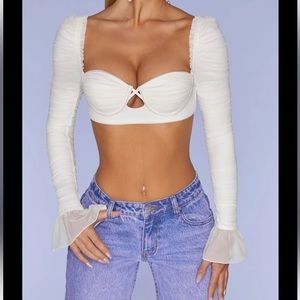 Long Sleeve Ruched Crop Top in Ivory